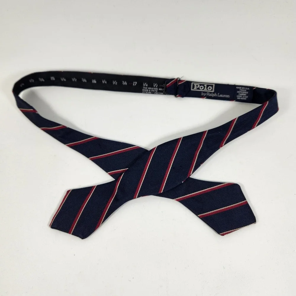Polo Ralph Lauren Mens Silk Bow Tie Navy Red White Repp Stripe Self Tie USA Made
